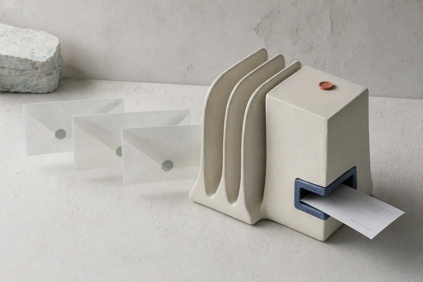 A porcelain mail sorter lets one invoice pass into an archive while three reminder envelopes remain separate